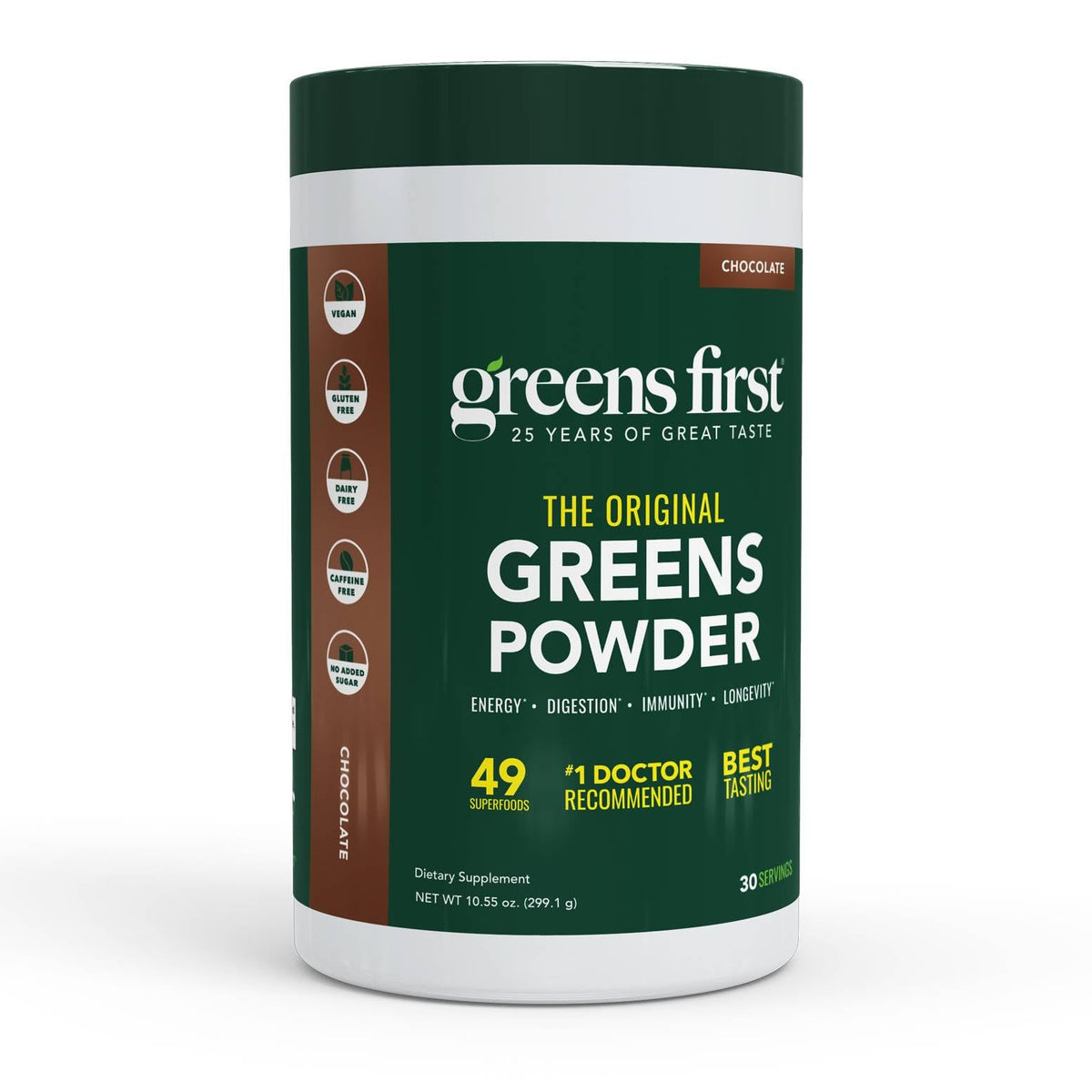 Envase Greens First frente visible sabor chocolate, aporta conveniencia diaria