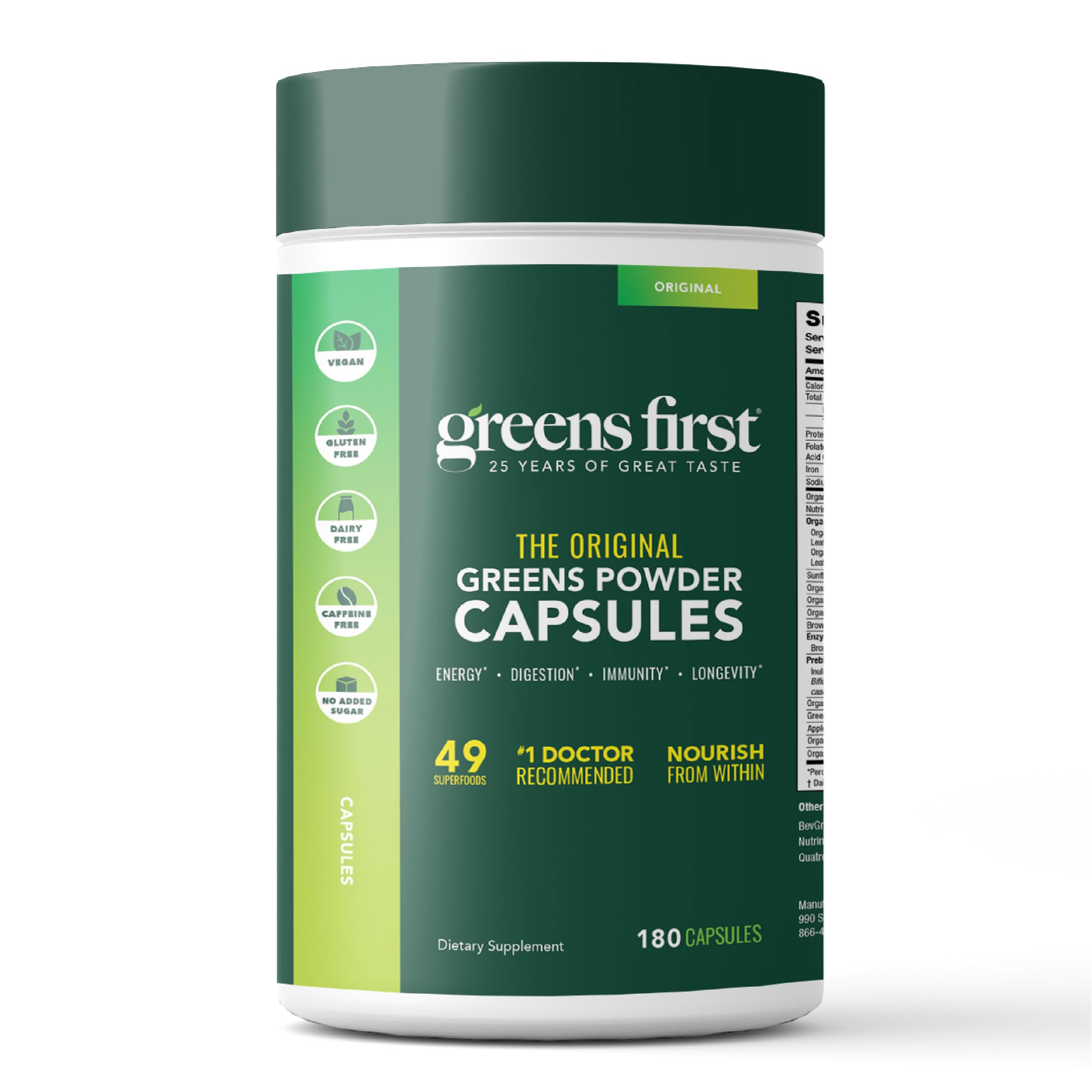Greens First empaque frontal mostrando 180 cápsulas y conveniencia