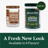 Ingredientes orgánicos Greens First esparcidos, evidencia de origen vegetal diverso