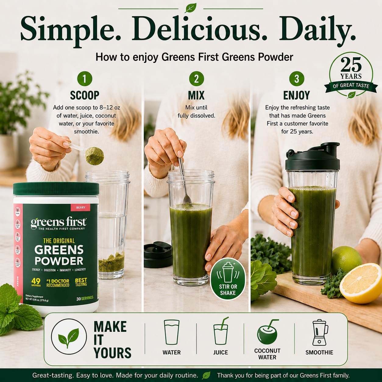 Greens First primer plano ingredientes orgánicos, evidencia de origen natural