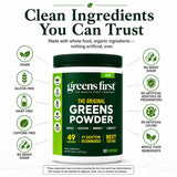 Greens First ingredientes superfoods esparcidos destacando variedad