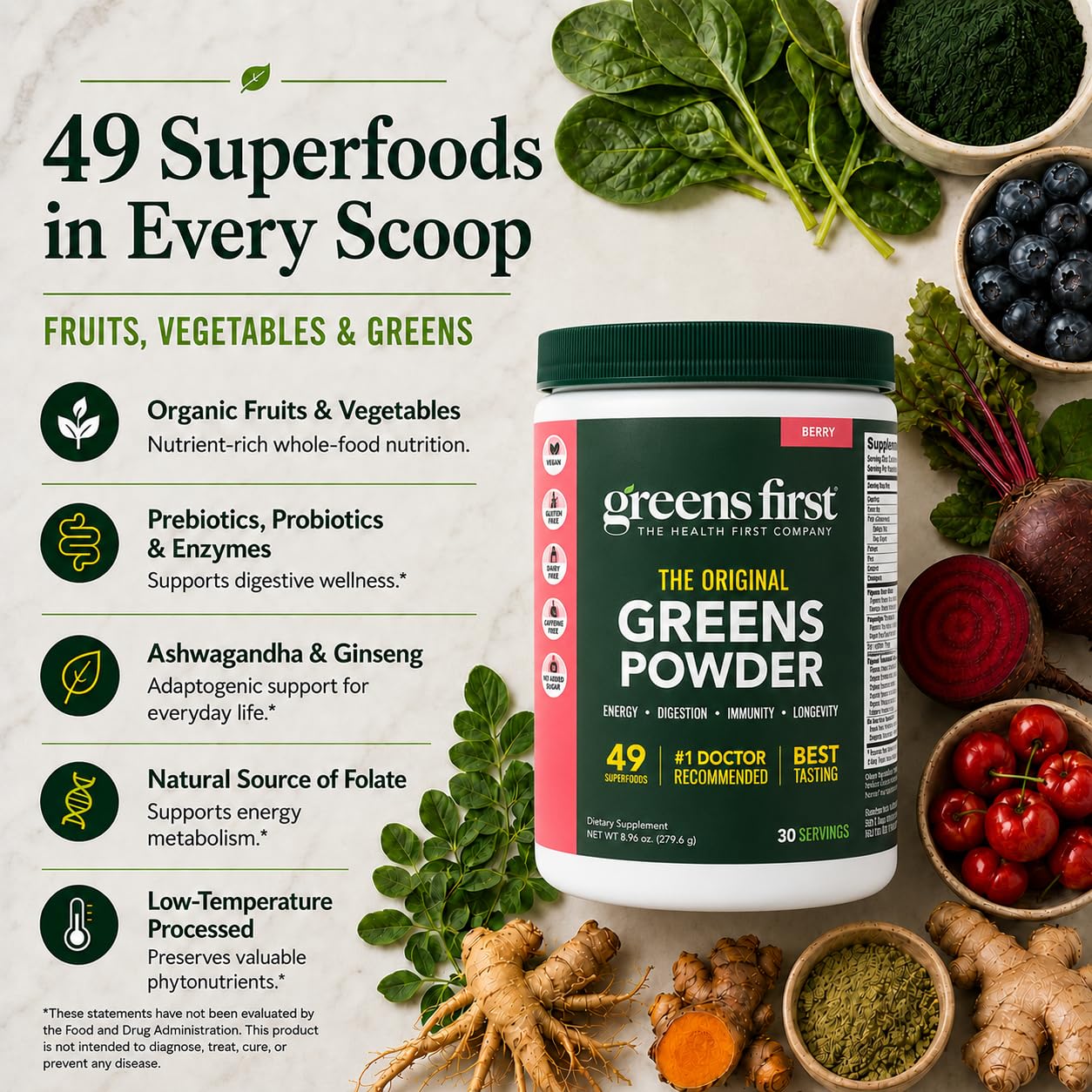 Greens First bebida Berry en vaso lista para consumir, sabor agradable y práctico