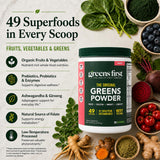 Greens First bebida Berry en vaso lista para consumir, sabor agradable y práctico