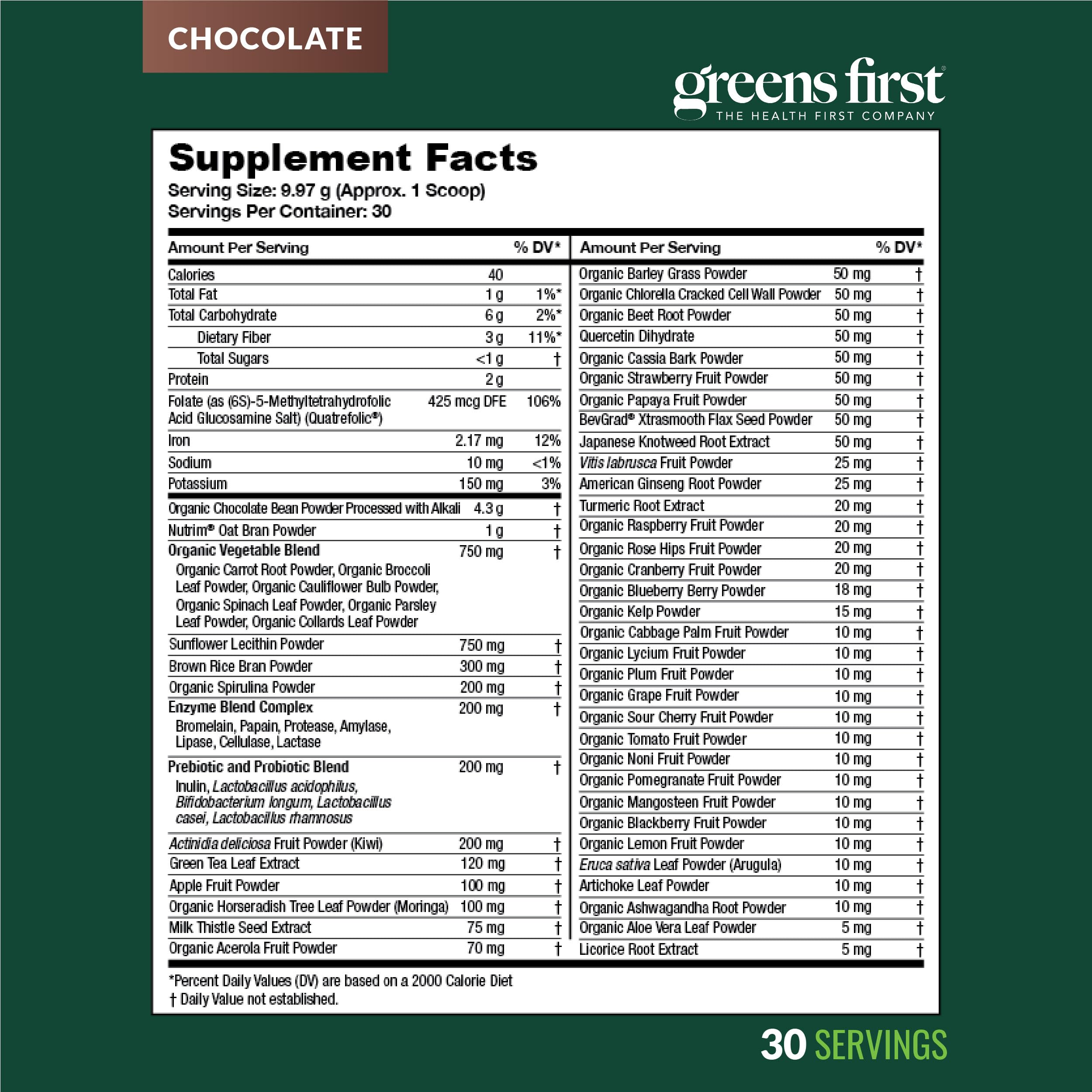 Vaso con servicio preparado Greens First chocolate listo para consumir