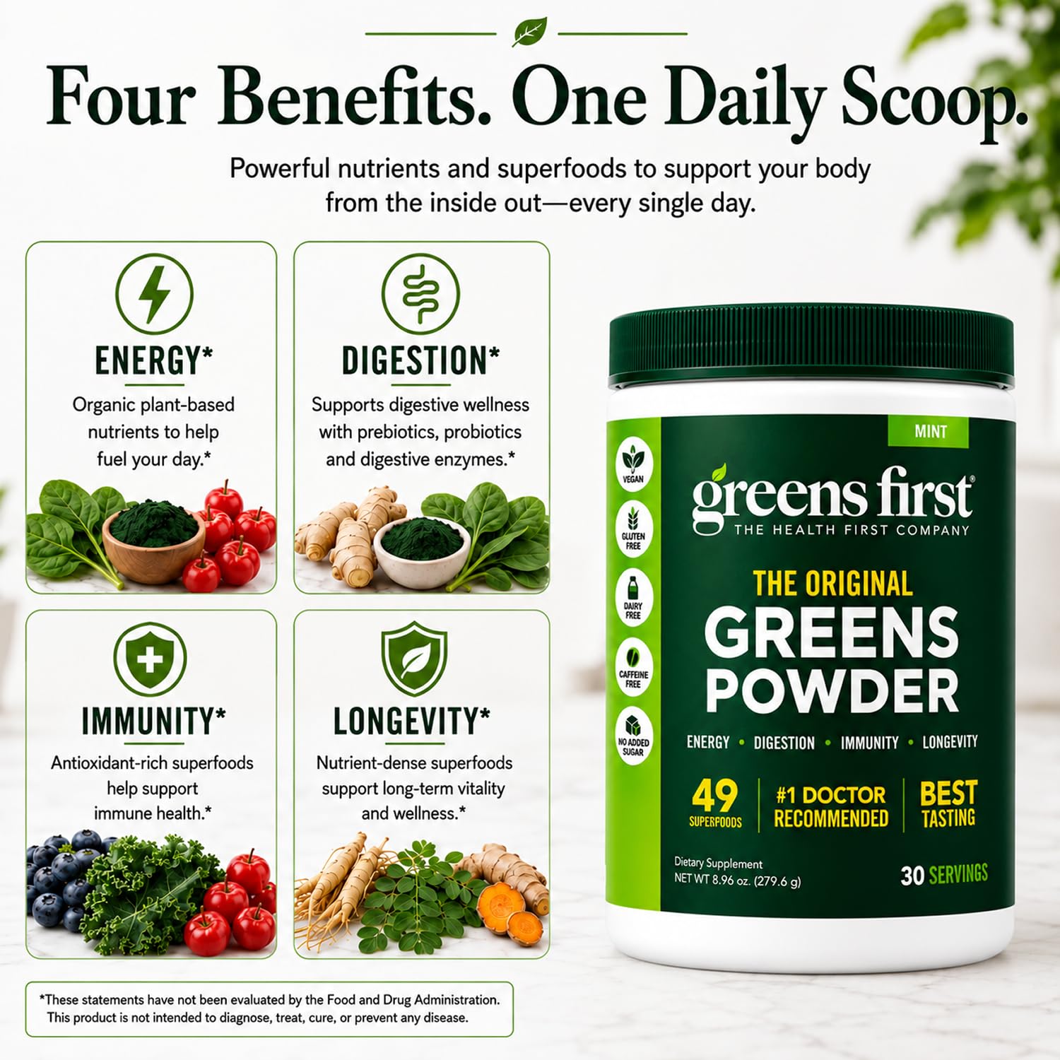 Greens First polvo mezclado en batido con frutas para más nutrientes