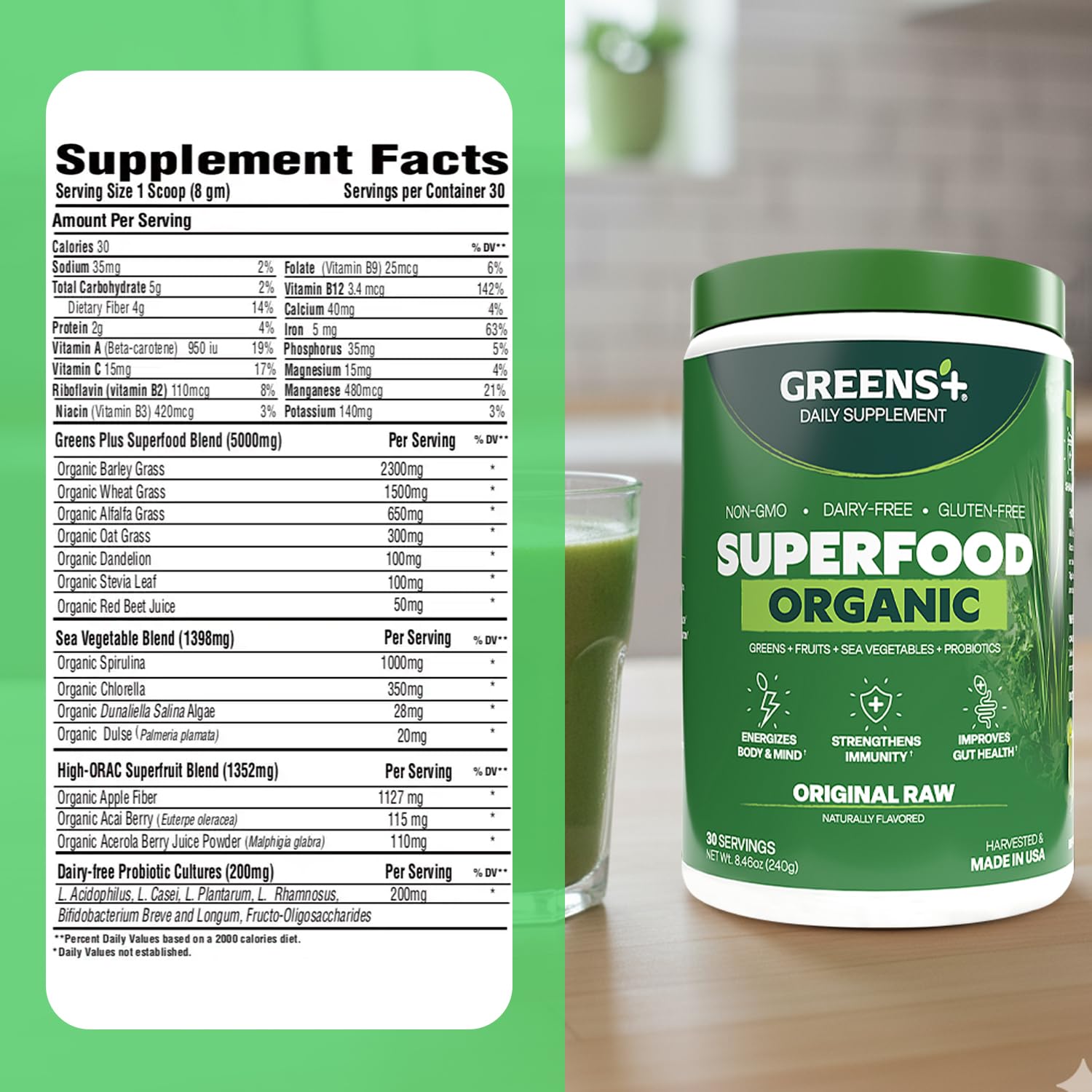 Greens+ en cocina con frutas y vaso, idea para integrar en recetas saludables