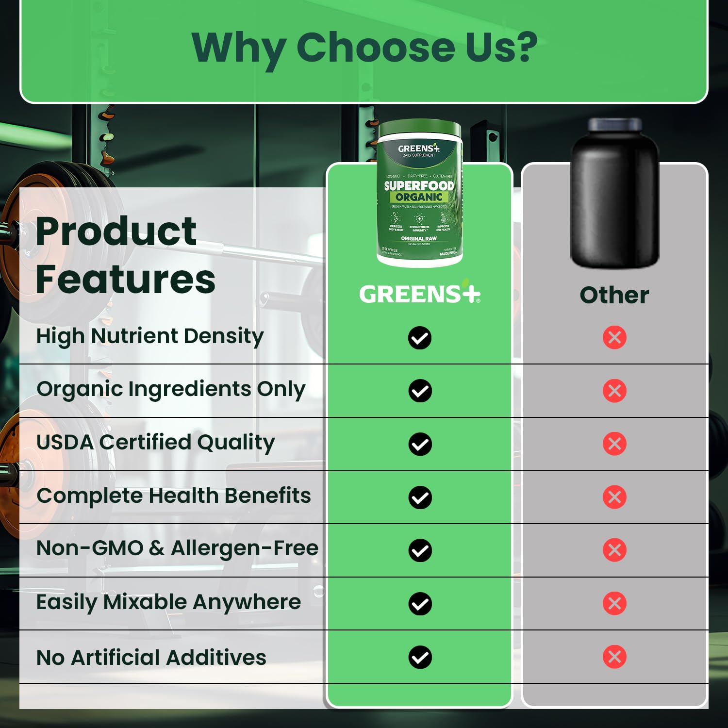 Greens+ selección de ingredientes orgánicos, evidencia de origen y calidad