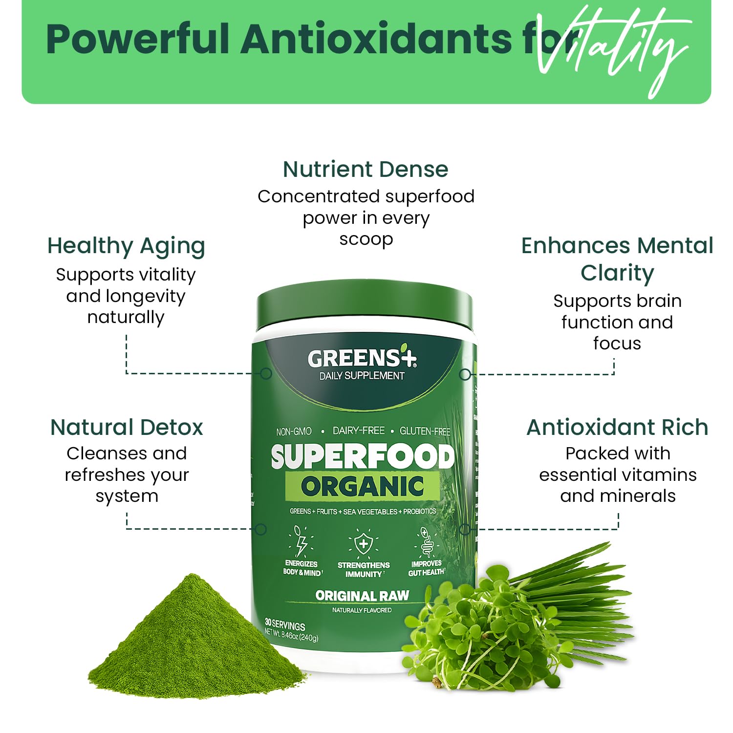Greens+ mezclado en batido matutino, aporta energía y conveniencia diaria