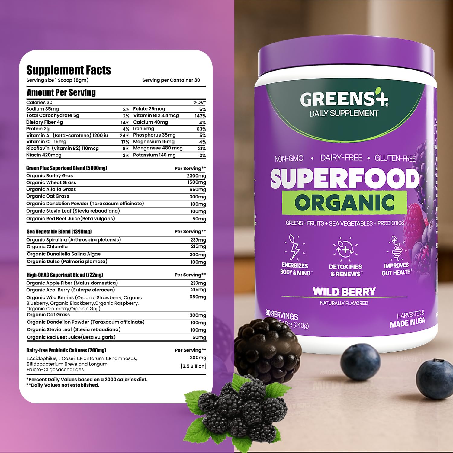 Greens+ etiqueta nutricional clara con información de ingredientes