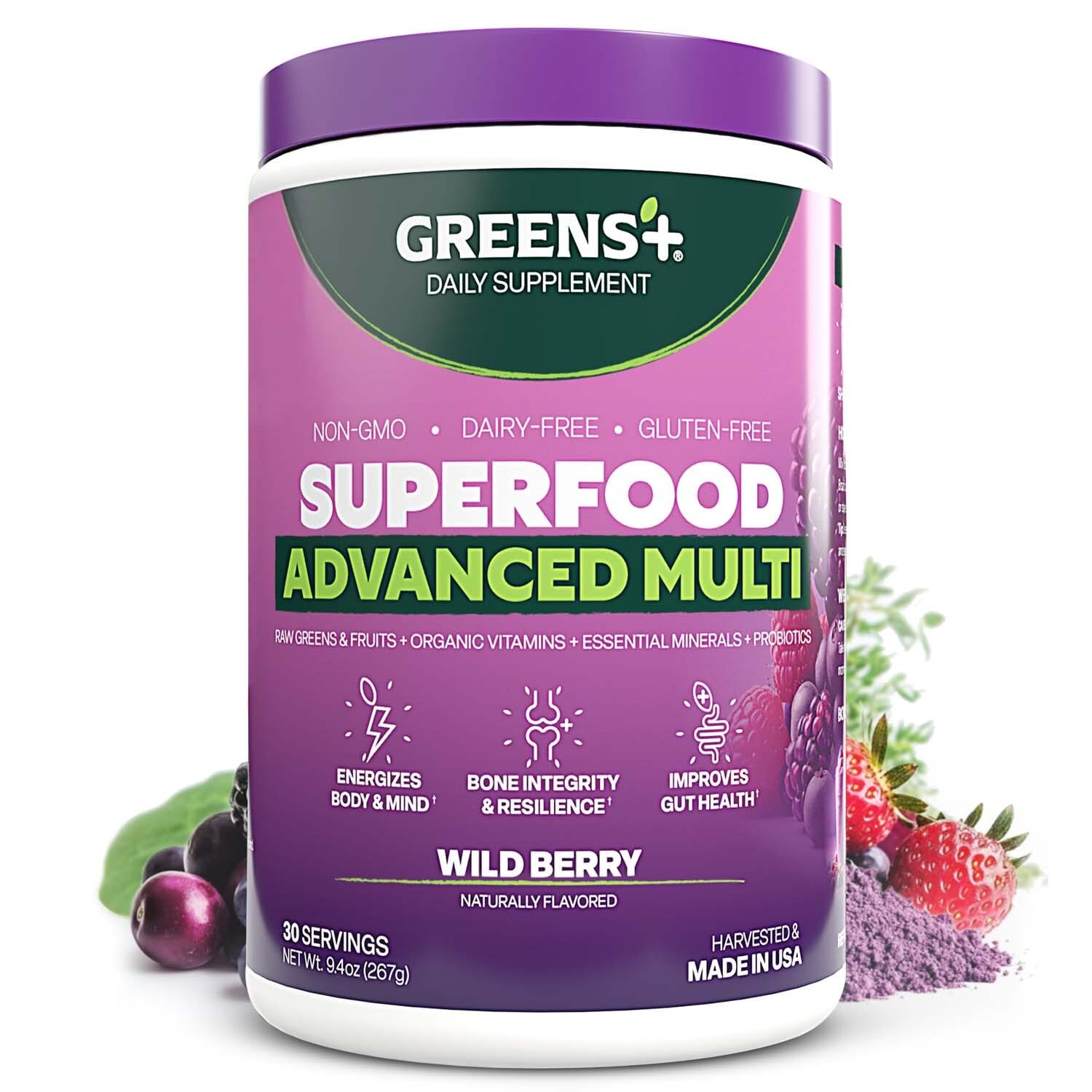 Greens+ envase frontal Wild Berry mostrando diseño y tamaño
