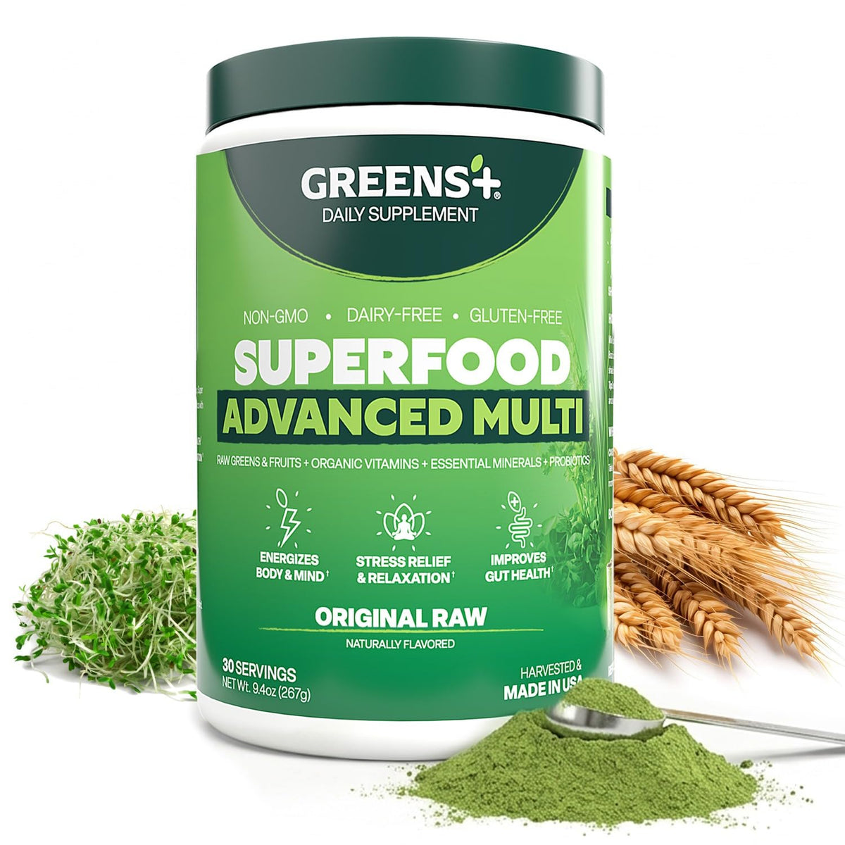 Greens+ envase frontal mostrando la marca y tamaño beneficios nutricionales