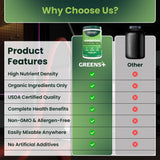 Greens+ etiqueta con certificaciones USDA y libre de alérgenos confianza