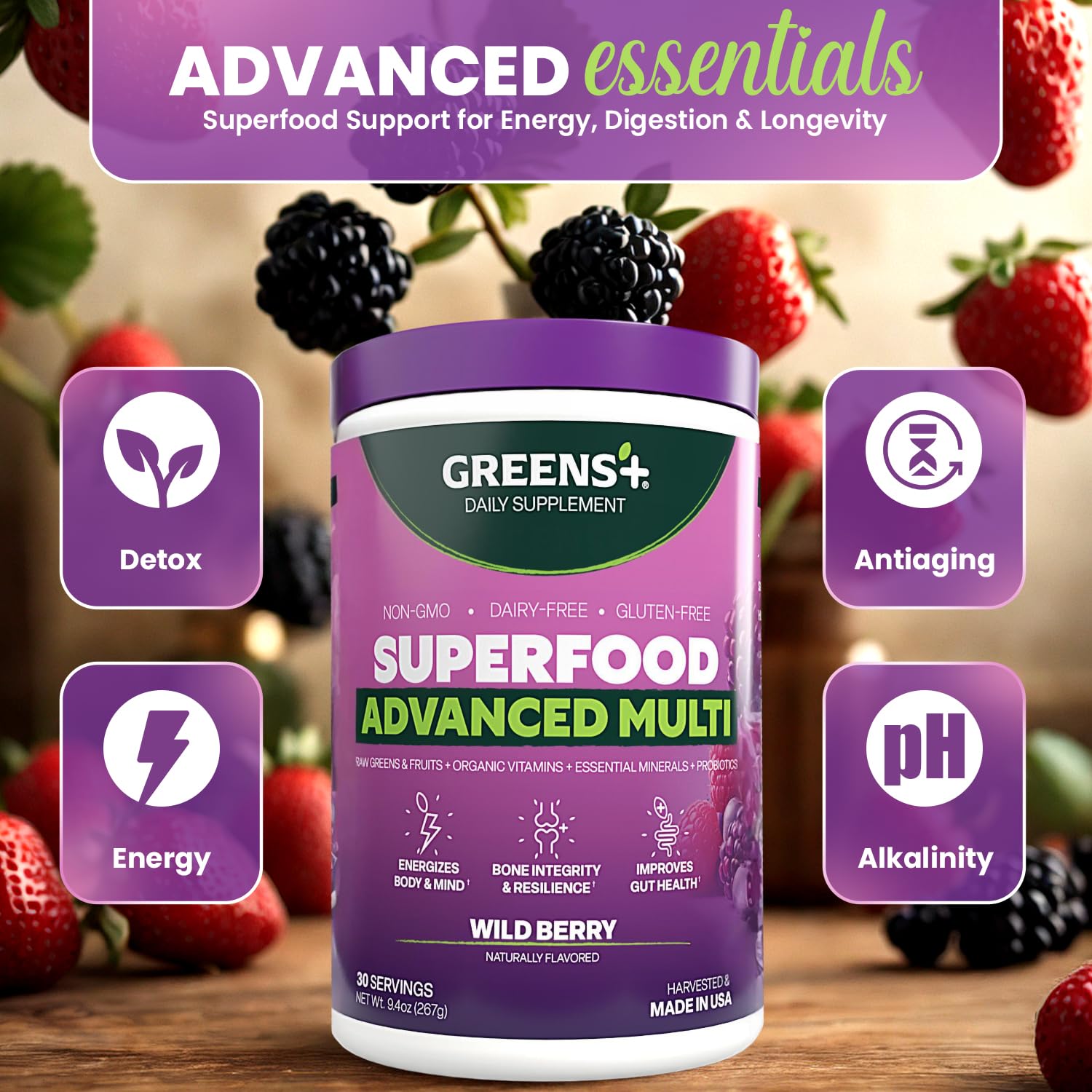 Greens+ etiqueta con lista de ingredientes y beneficios visibles