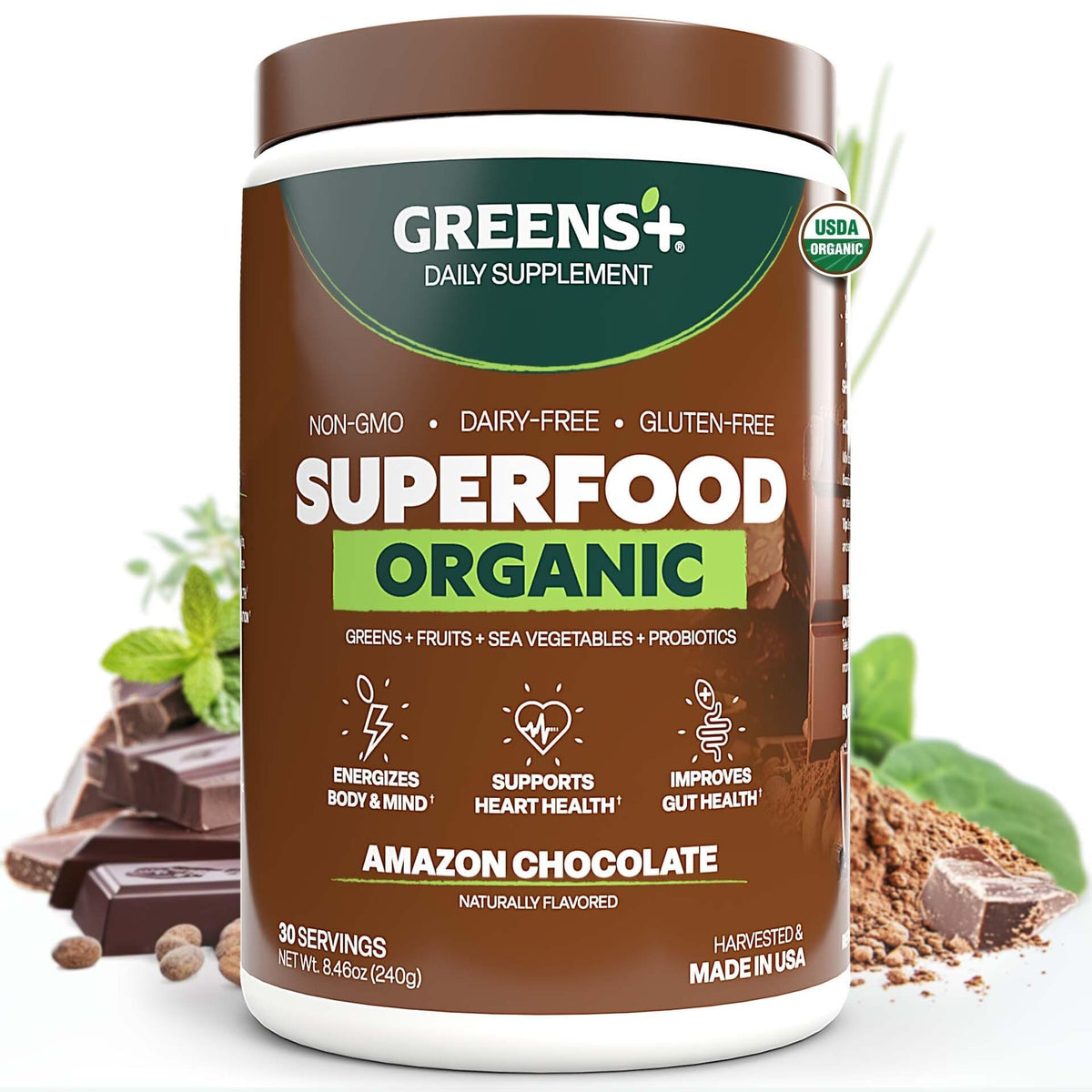 Greens+ frente del envase mostrando la marca y formato 8.46 oz beneficios nutritivos