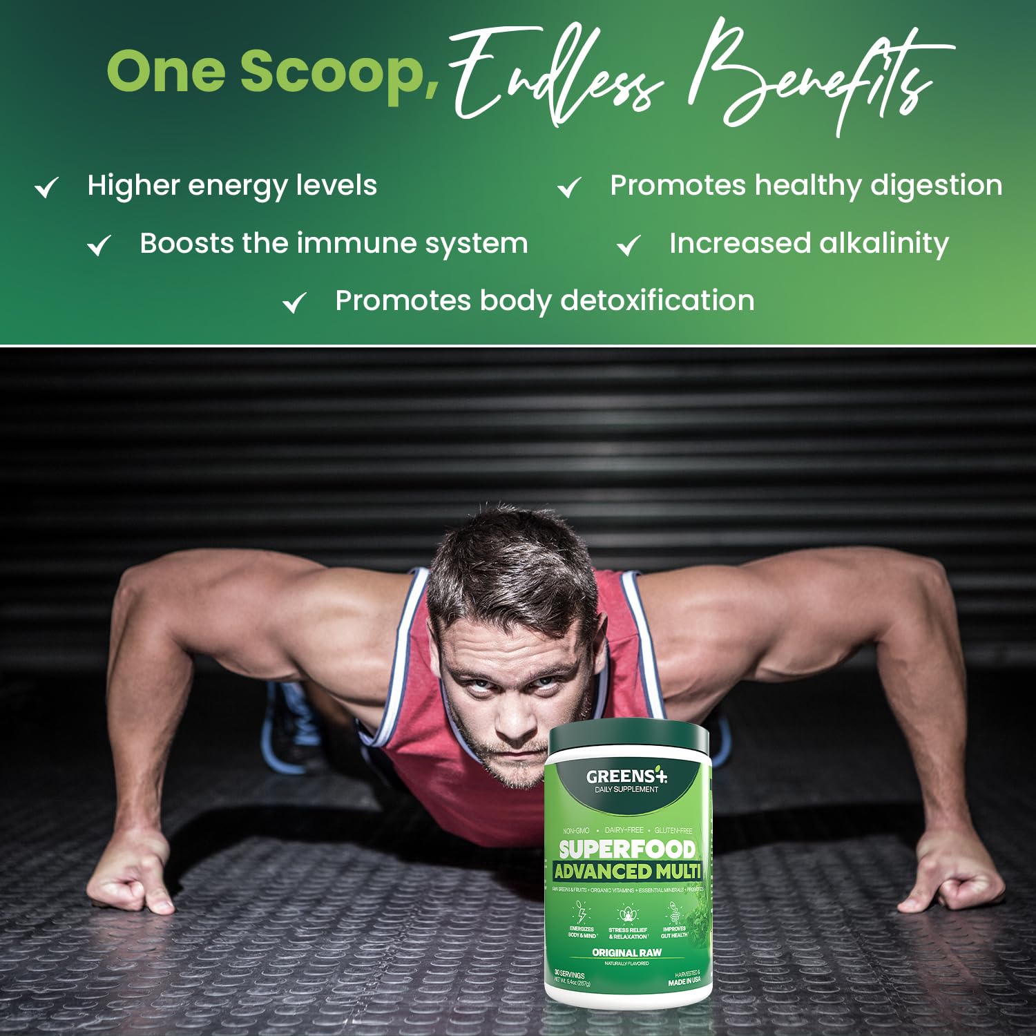 Greens+ ingredientes clave spirulina chlorella y wheatgrass energía vegetal