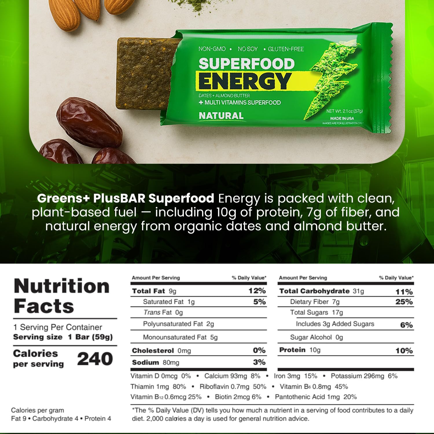 Greens+ Plusbar etiqueta nutricional legible, información clara de macronutrientes