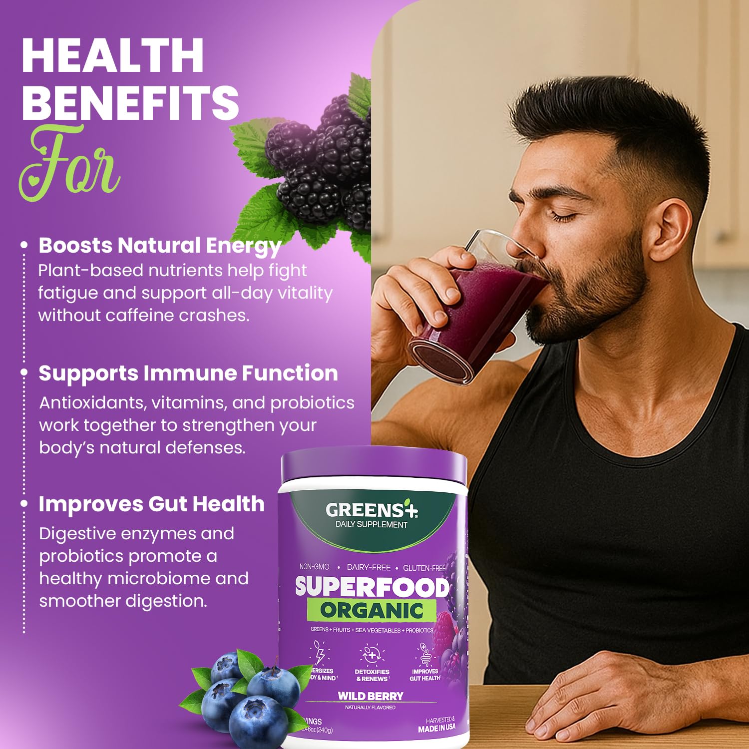 Greens+ envase 8.46 oz junto a una mano para comparar tamaño