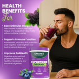 Greens+ envase 8.46 oz junto a una mano para comparar tamaño