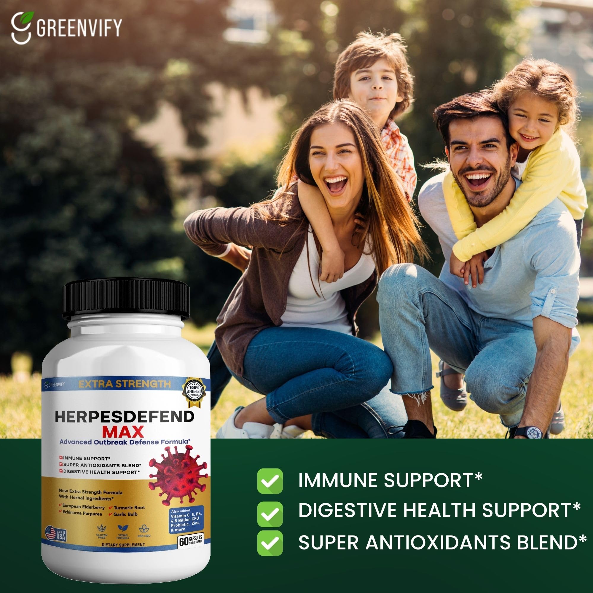 Comparación de tamaño de cápsula para visualizar la dosificación de GREENVIFY Herpes Defend Max