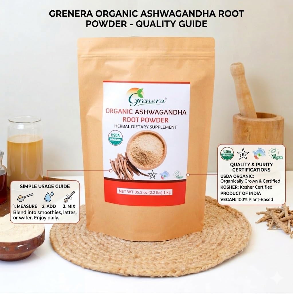 Grenera etiqueta con certificaciones USDA Organic Vegan Kosher visibles