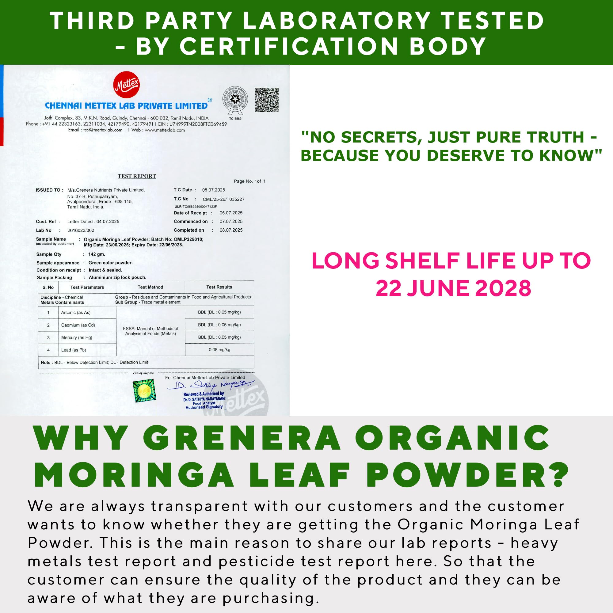 Grenera detalle de etiqueta con información de lote y pruebas de laboratorio