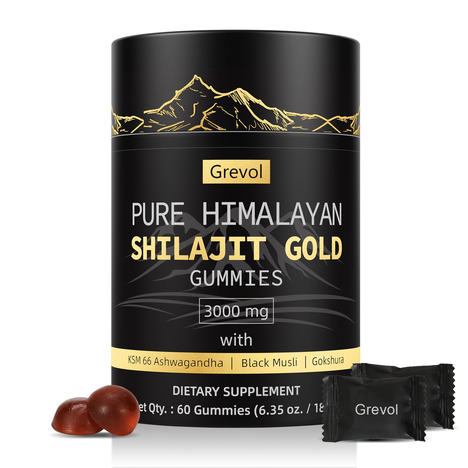 Grevol empaque frontal que muestra 60 gomitas y beneficios de fácil transporte