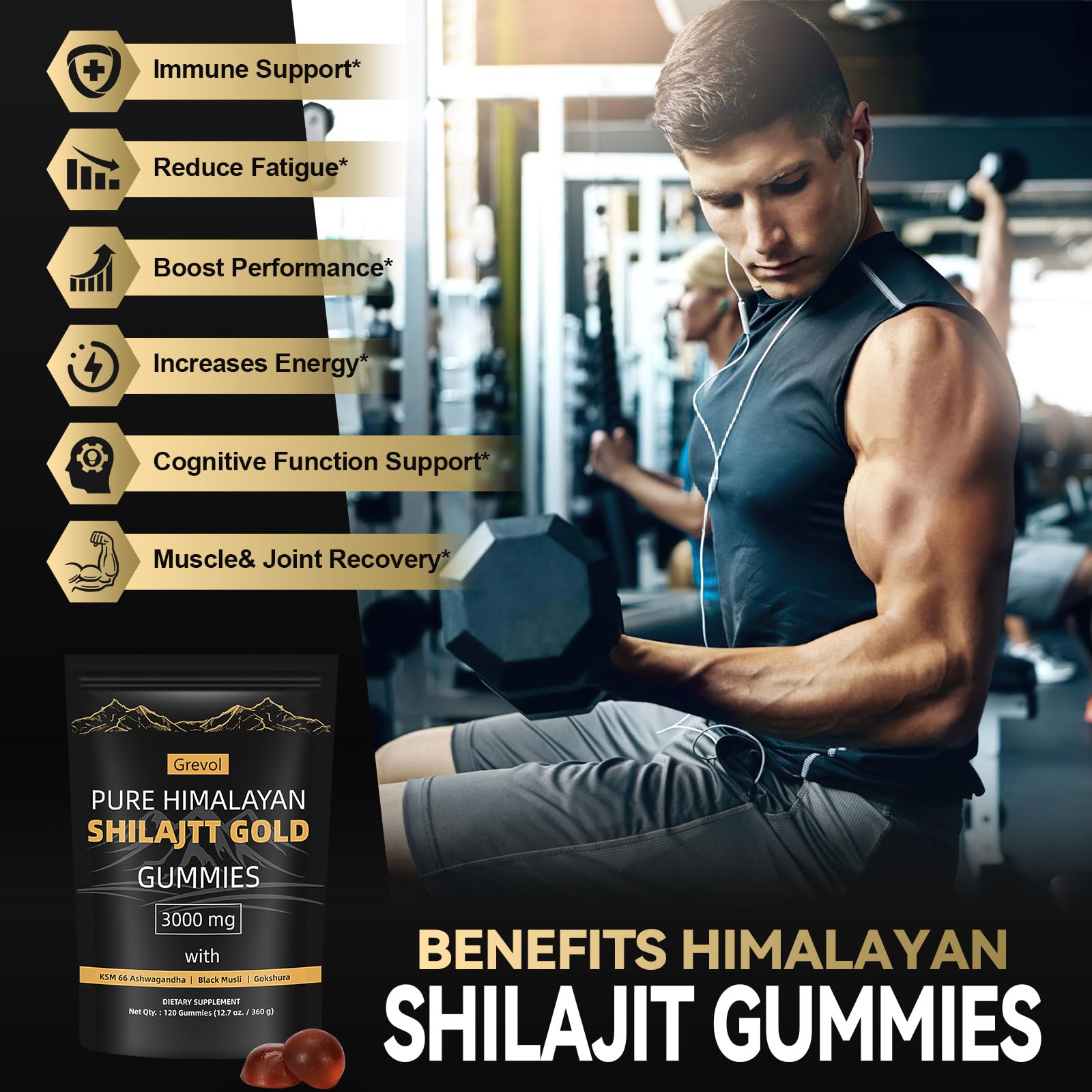 Grevol ingredientes naturales como ashwagandha jengibre y shilajit, perfil completo