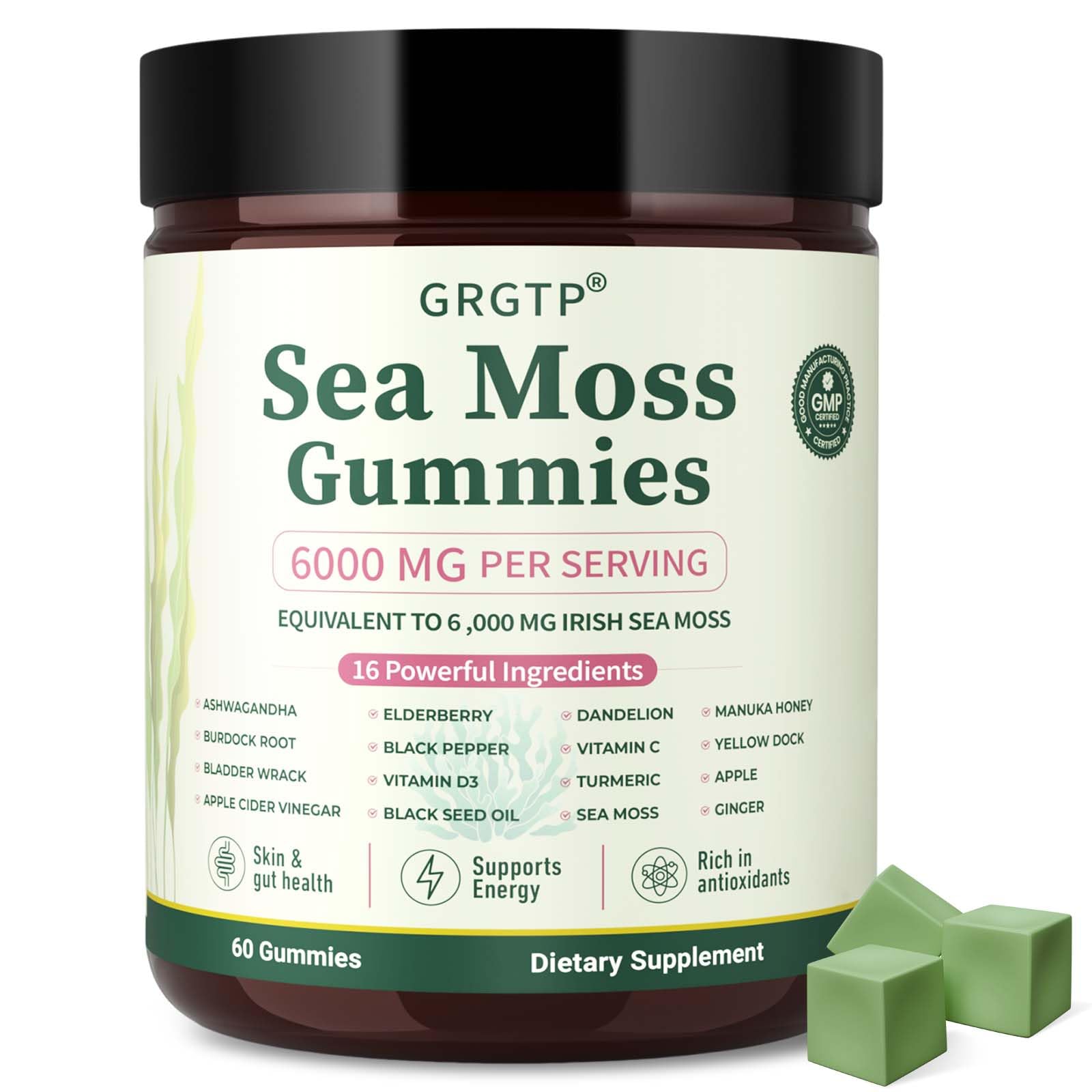 GRGTP gomitas sea moss frontal mostrando envase y beneficios