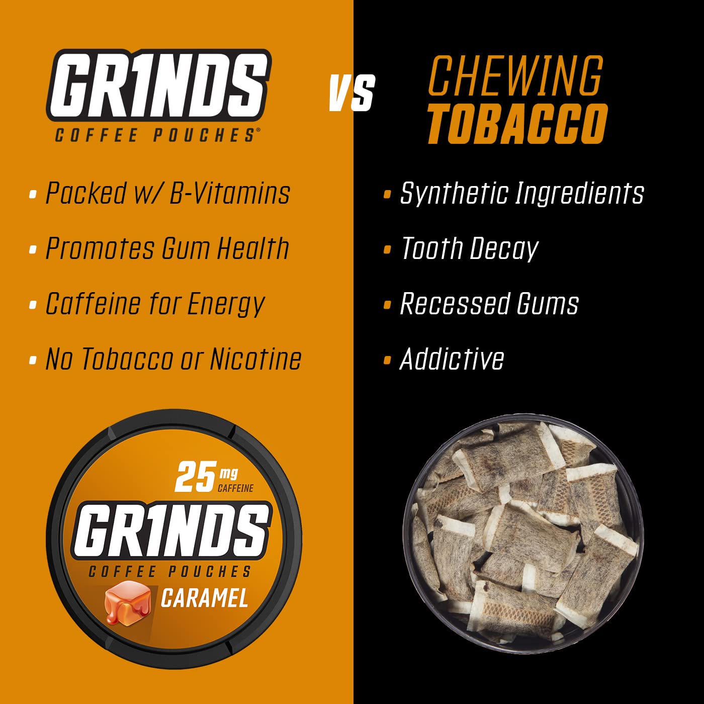 GRINDS comparación de tamaño de lata para transporte y número de pouches