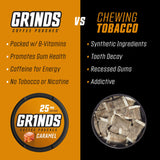 GRINDS comparación de tamaño de lata para transporte y número de pouches