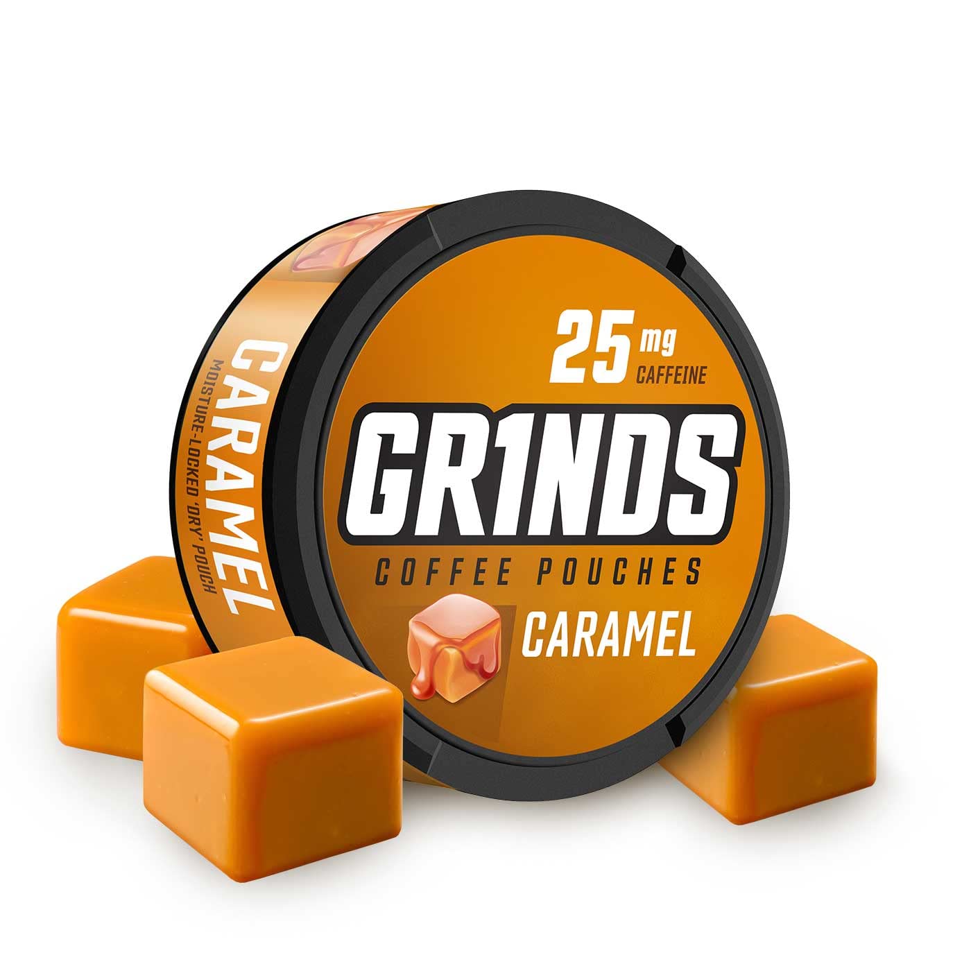 GRINDS frente de lata Caramel mostrando diseño y fácil almacenamiento