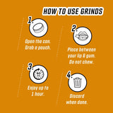 GRINDS pouch en uso entre mejilla y encía para energía discreta y manos libres