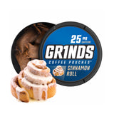 GRINDS lata frontal mostrando diseño y sabor cinnamon roll, práctico y aromático