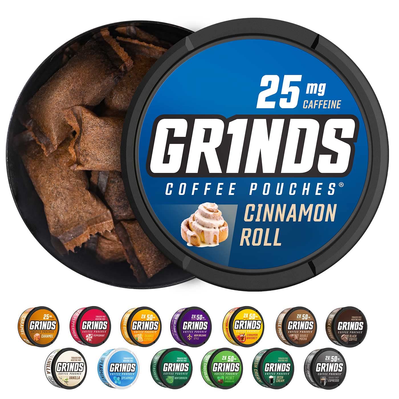 Grinds lata abierta con pouches secos visibles, conserva el sabor