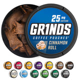Grinds lata abierta con pouches secos visibles, conserva el sabor
