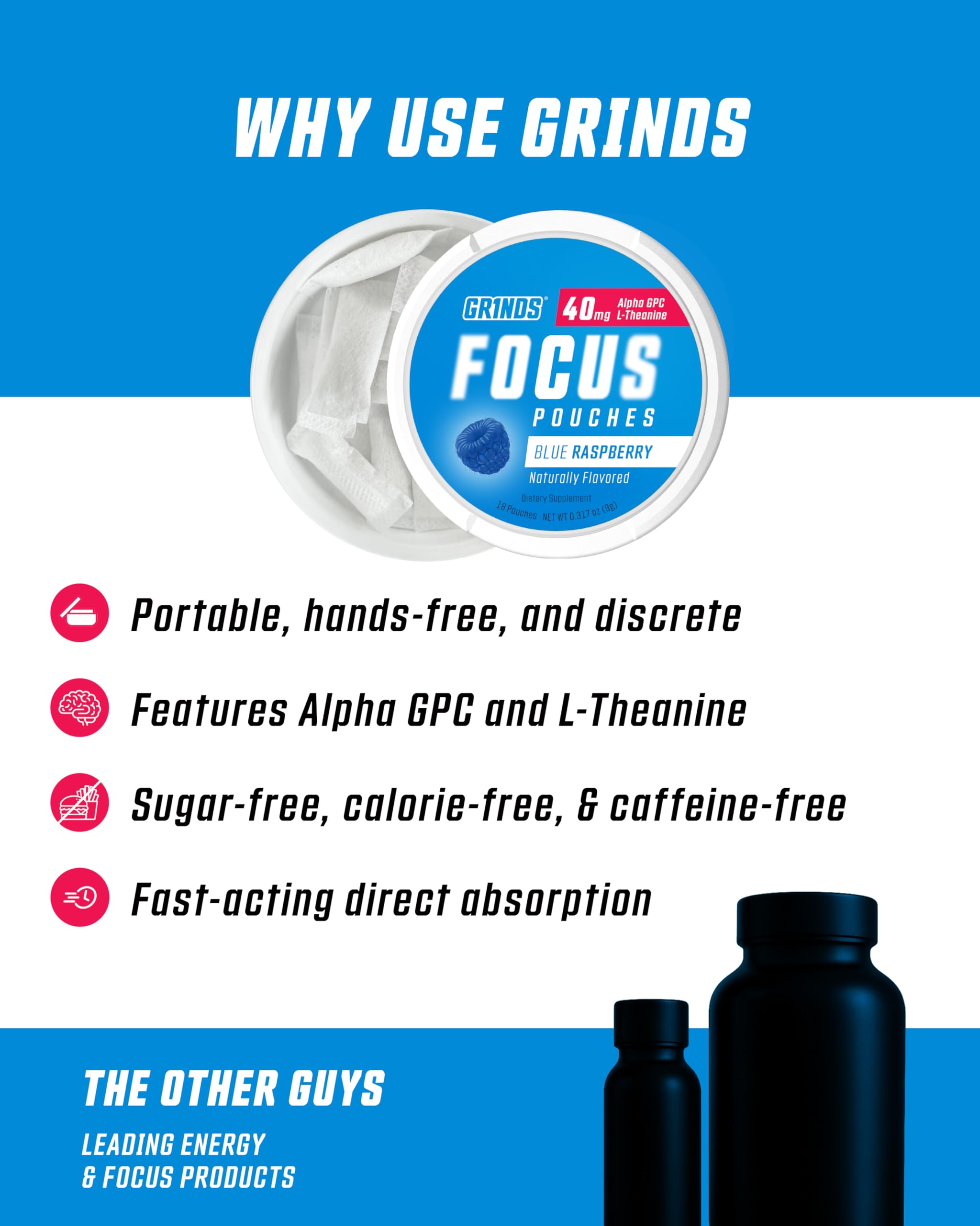 GRINDS pouch junto a mano para comparar tamaño, formato delgado y portátil