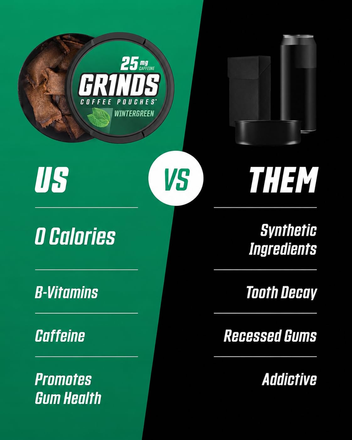Comparación de tamaño de una lata Grinds junto a una mano para escala