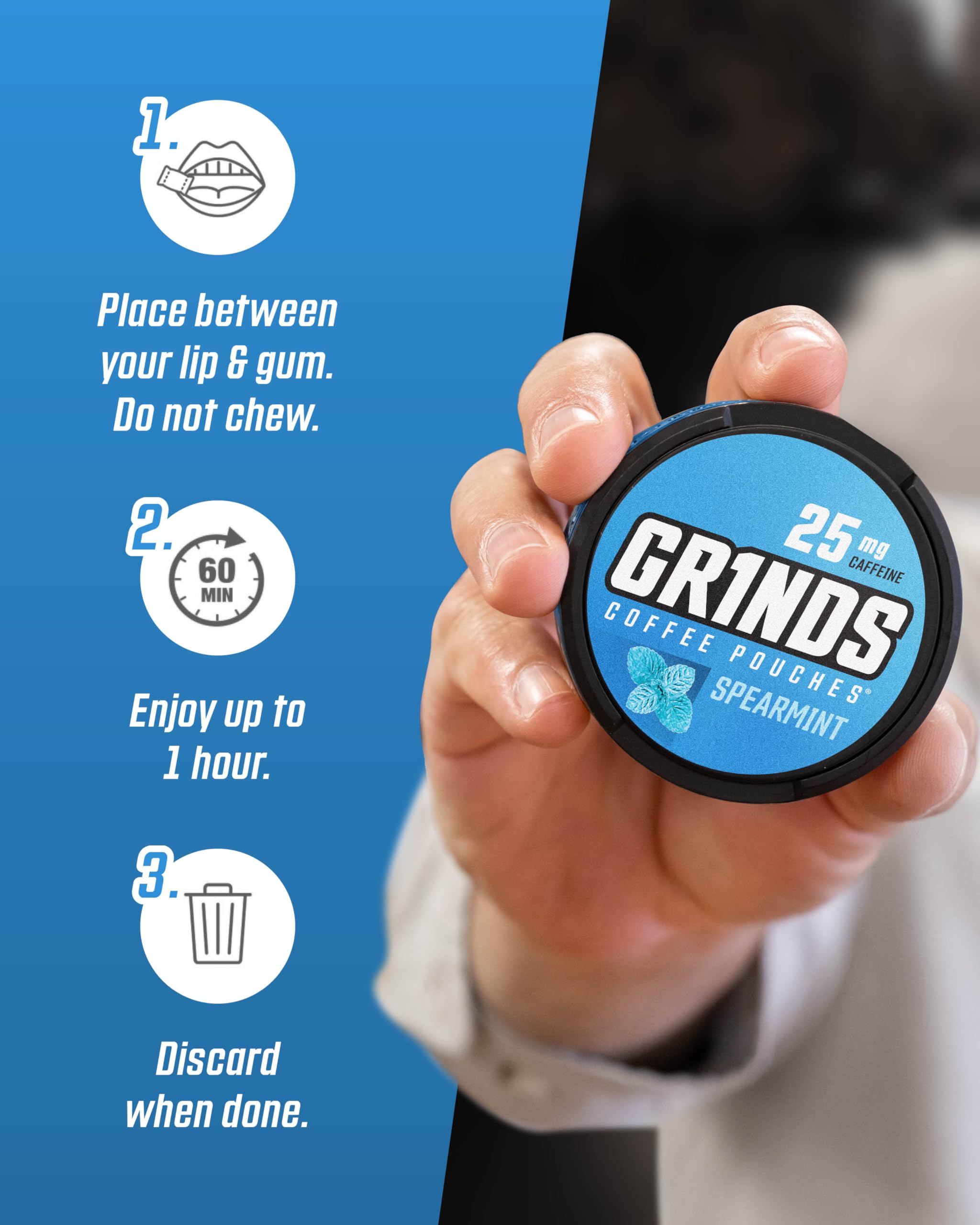 GRINDS pouch junto a taza para comparar tamaño y conveniencia
