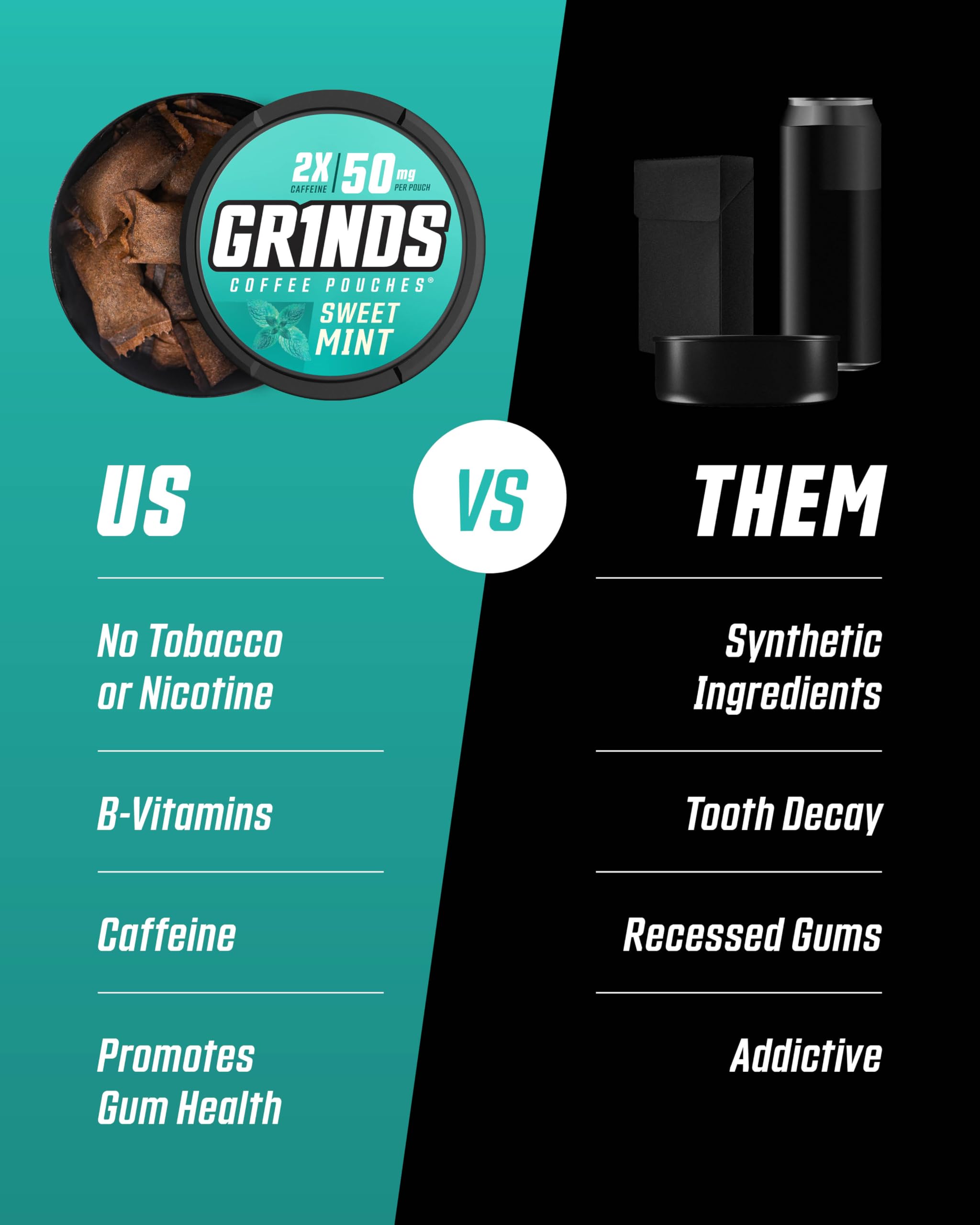 GRINDS comparación de tamaño de la lata junto a una taza para evaluar portabilidad