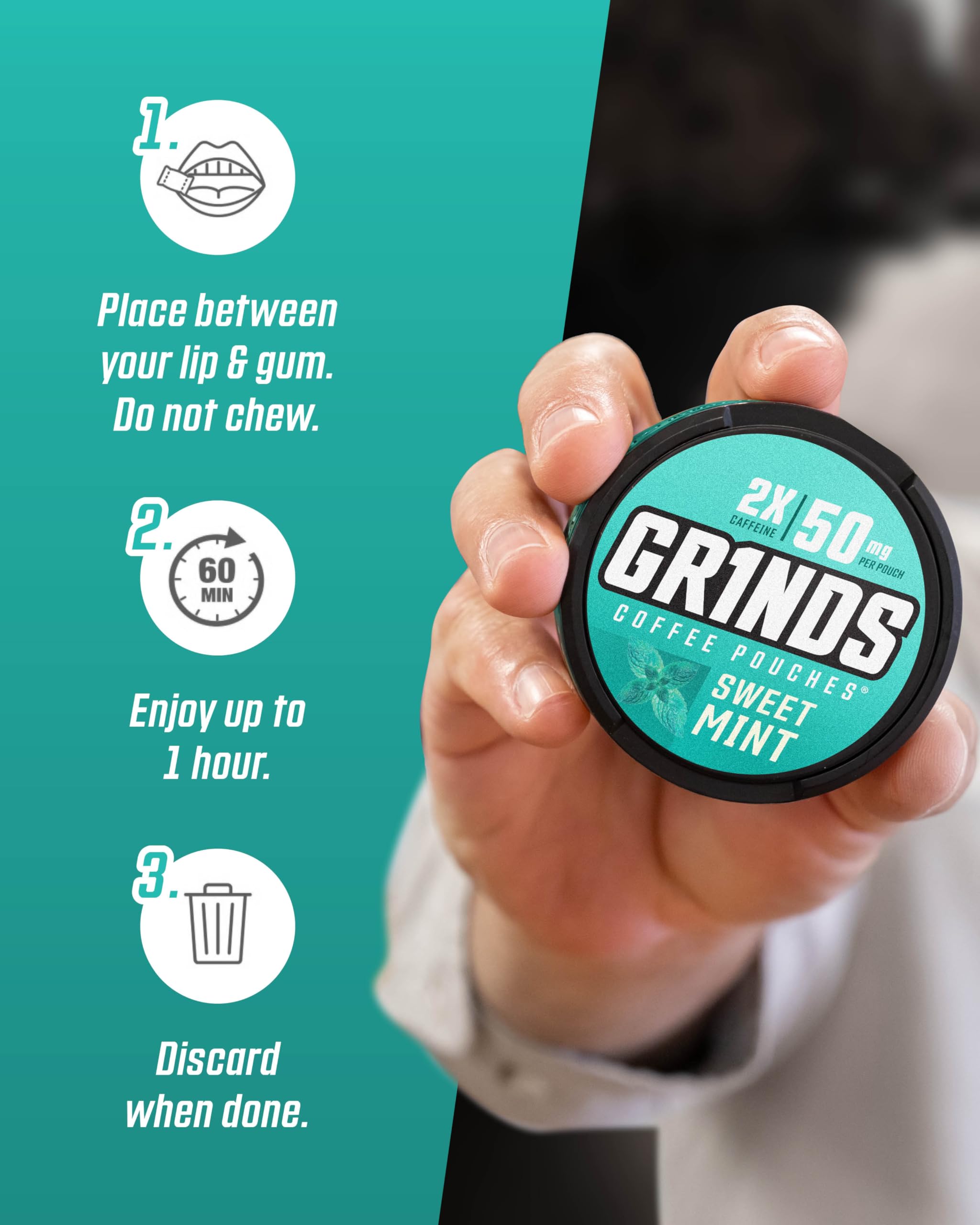 GRINDS pouch junto a moneda para comparar tamaño compacto