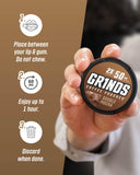 GRINDS comparación de tamaño junto a taza para comprender porciones y equivalencia de cafeína