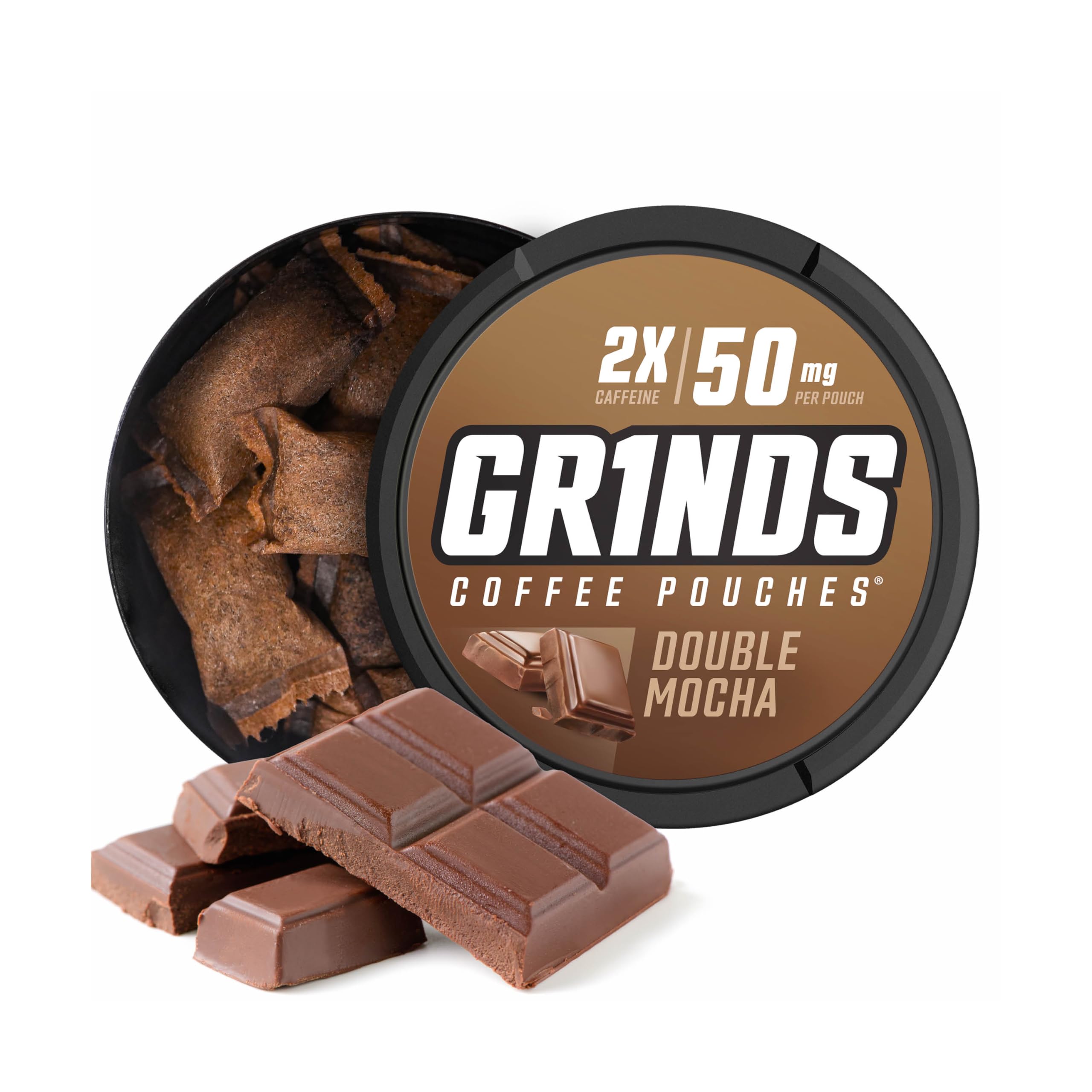 GRINDS vista frontal del paquete mostrando diseño y sabor Double Mocha, práctico