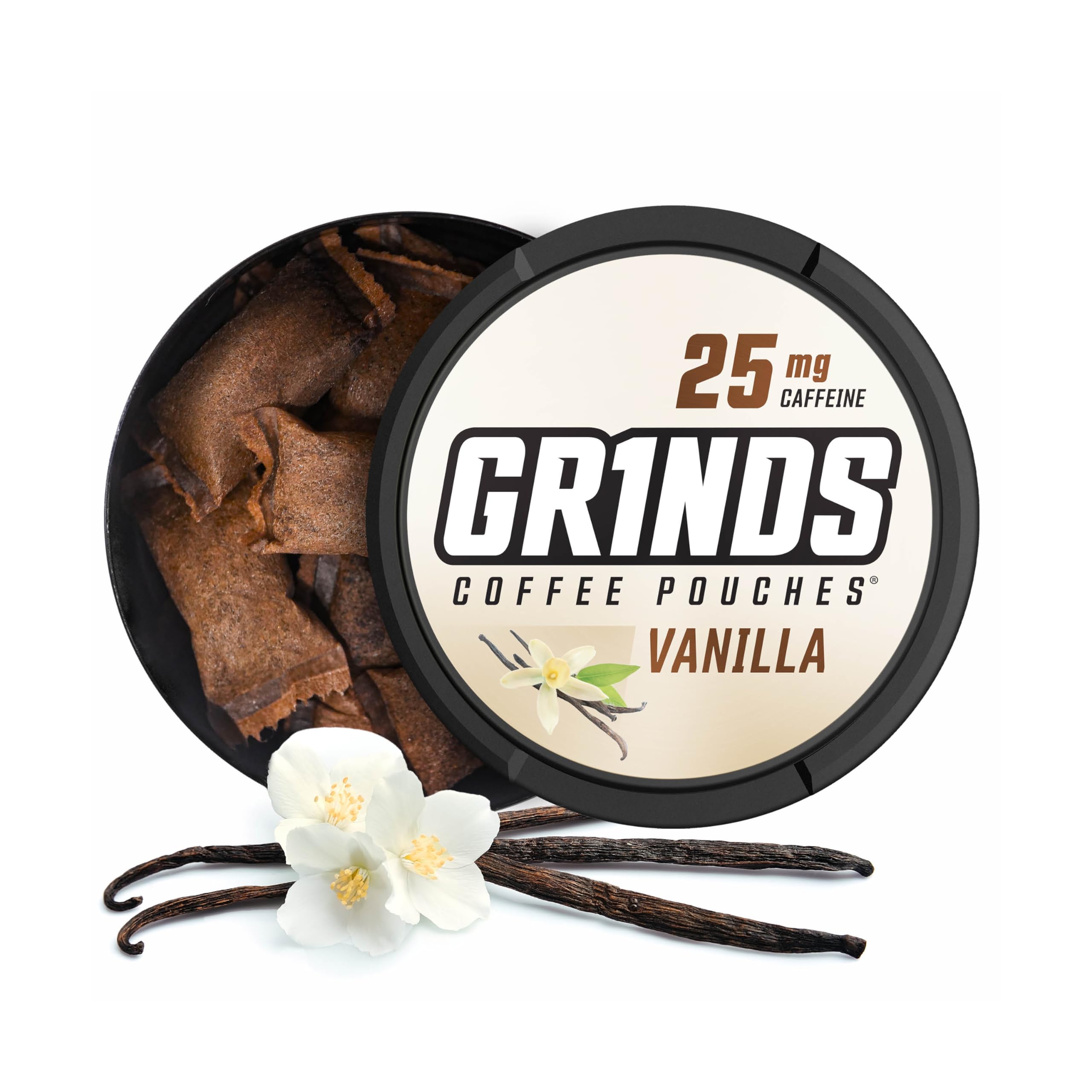 GRINDS frontal del bote vainilla mostrando diseño y conveniencia