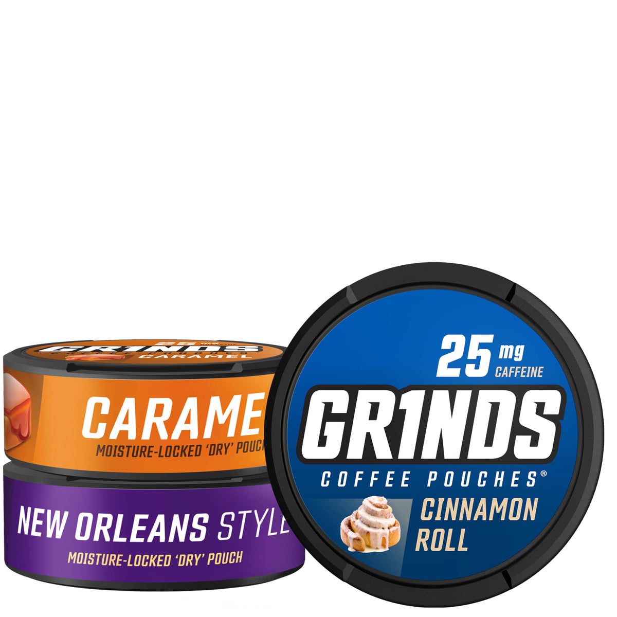 GRINDS frontal de las tres latas del sampler mostrando sabores y diseño compacto