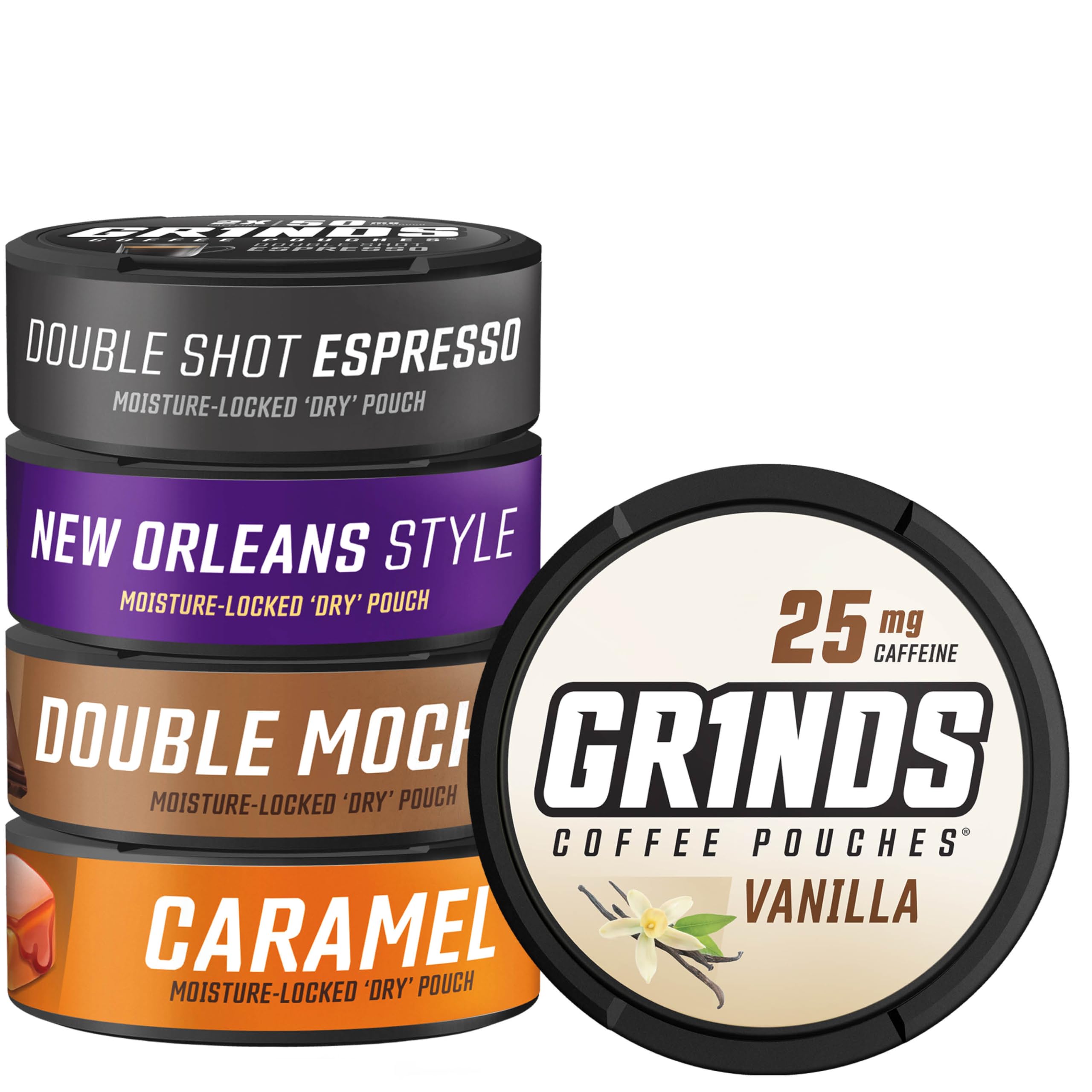 GRINDS paquete frontal mostrando las cinco latas y beneficio de variedad