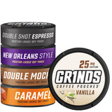 GRINDS paquete frontal mostrando las cinco latas y beneficio de variedad