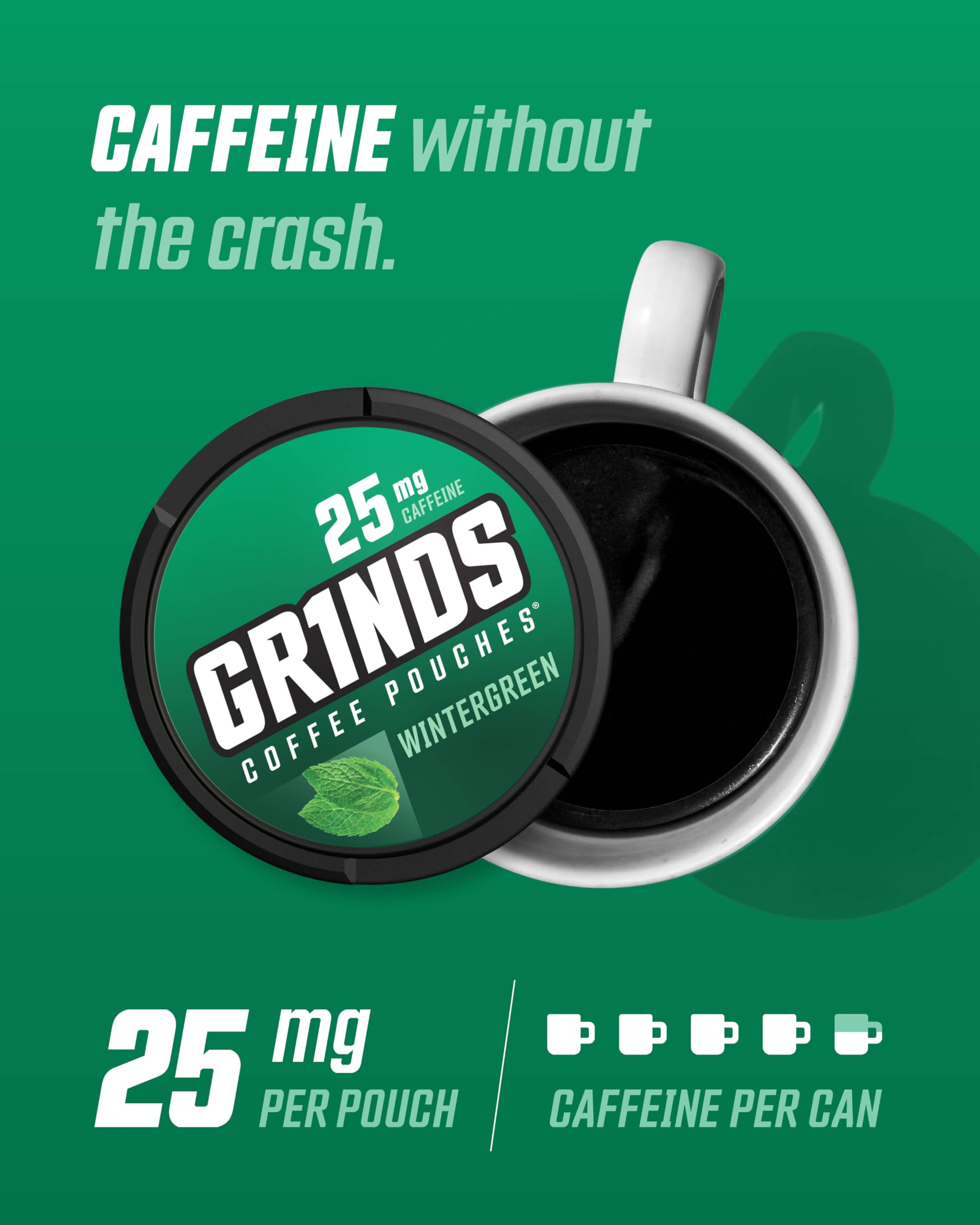 GRINDS lata abierta mostrando 18 sobres por lata para energía concentrada