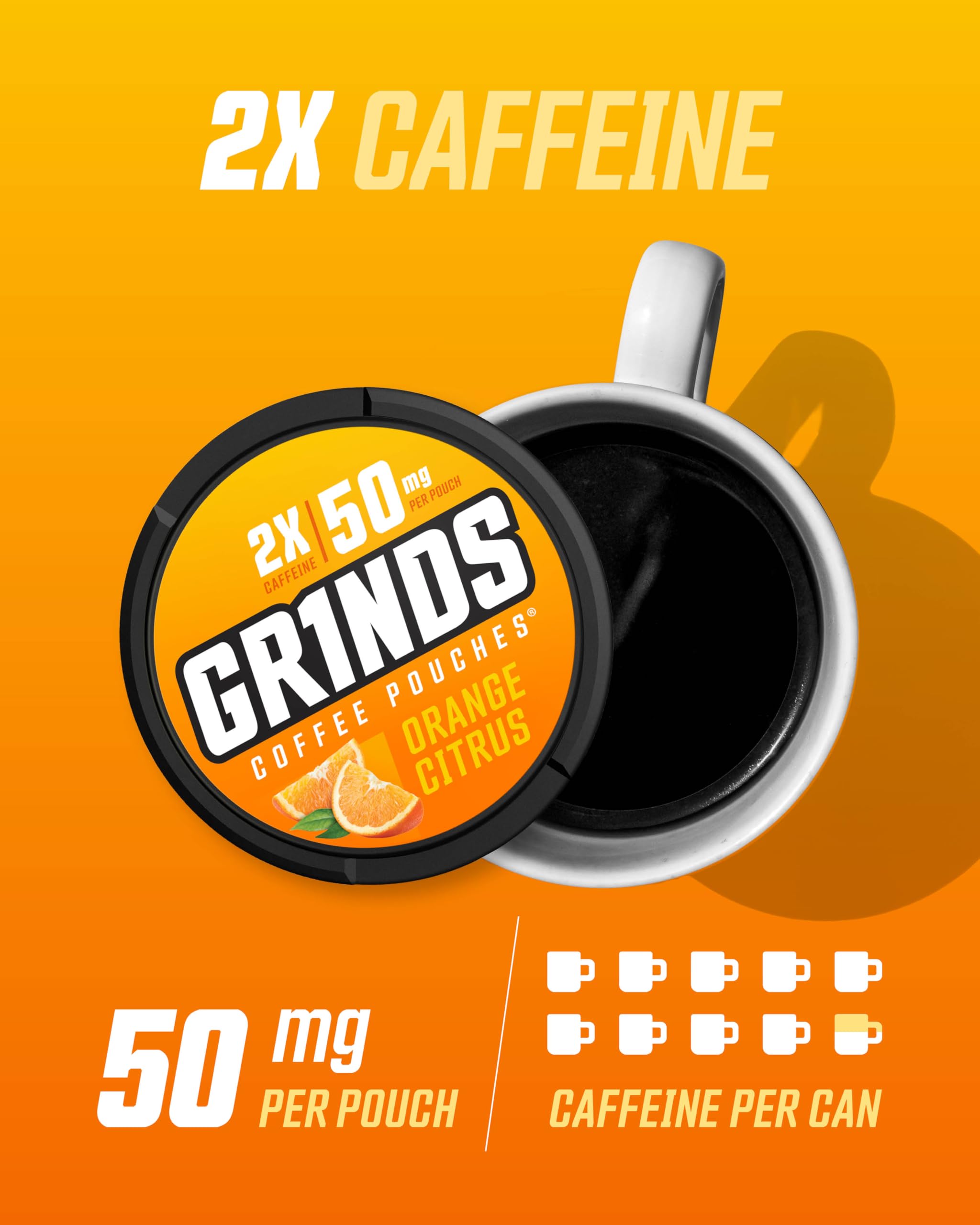 GRINDS lata abierta con bolsitas dispersas, demuestra cantidad y formato