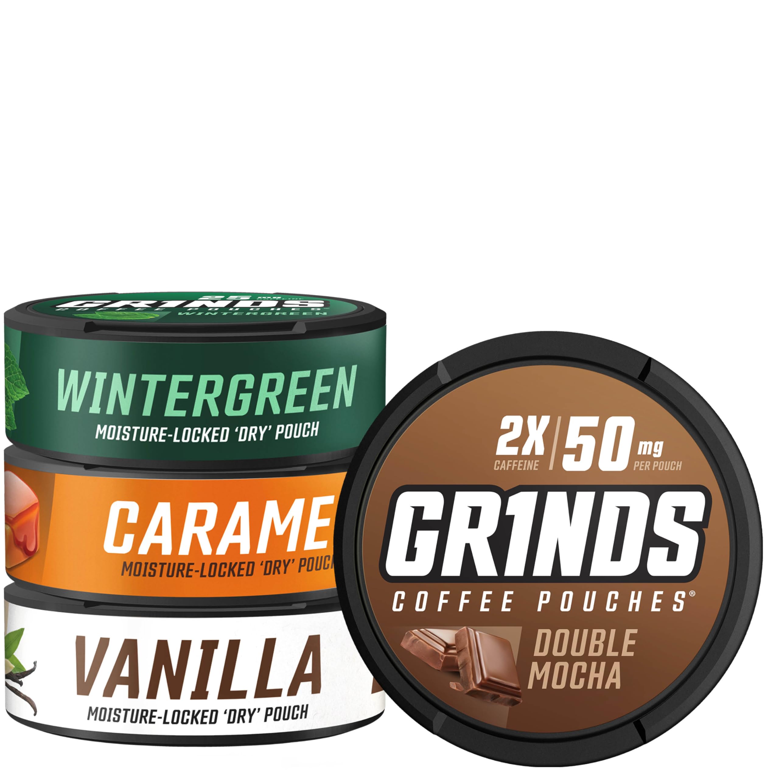 GRINDS lata frontal con los cuatro sabores, muestra compacto y práctico