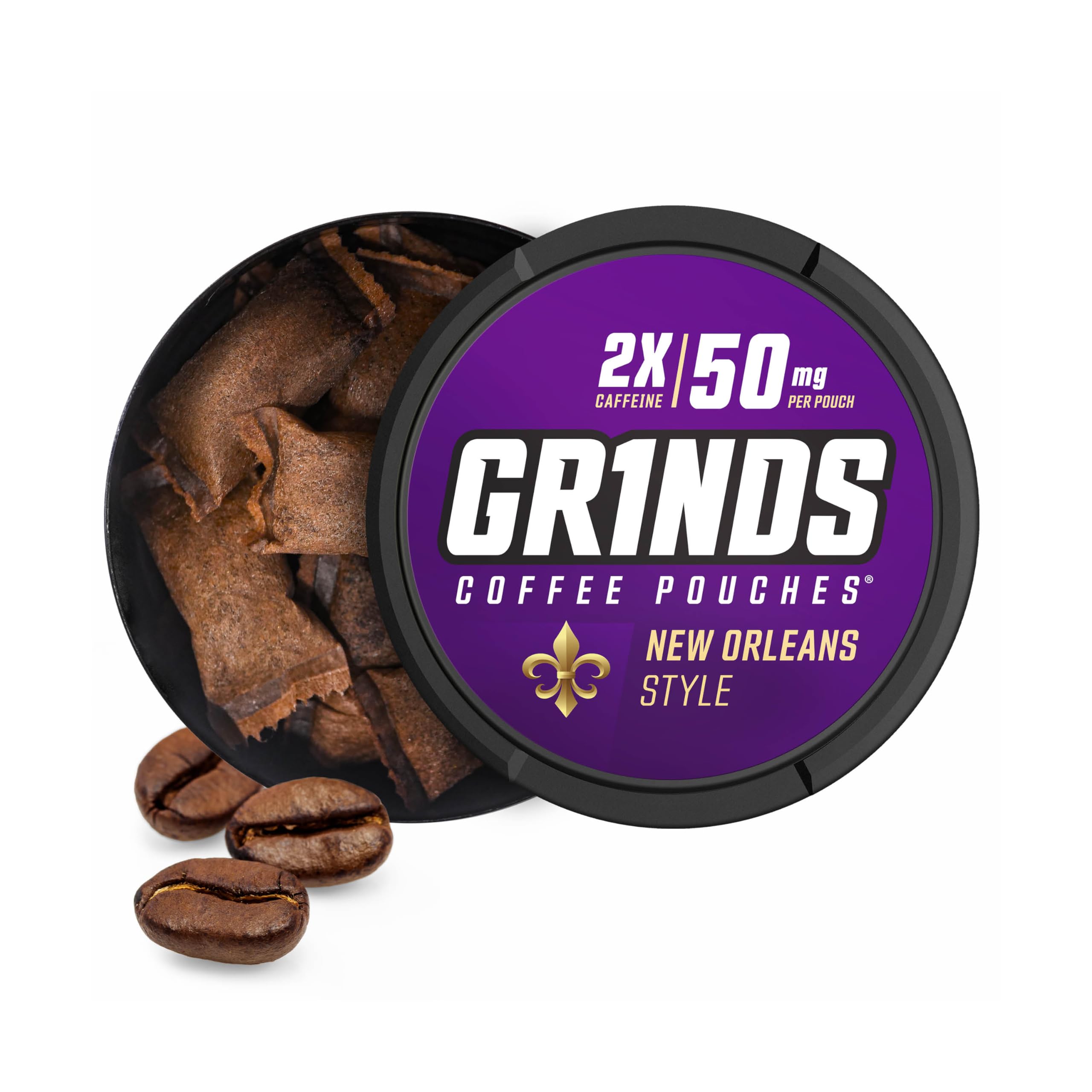 GRINDS lata frontal New Orleans mostrando el diseño y beneficio de sabor intenso